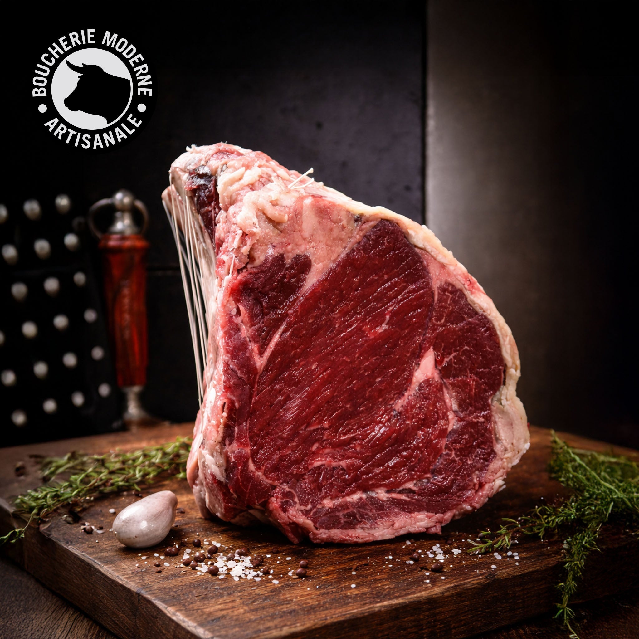 Côte de bœuf issue de la race Blonde d’Aquitaine, réputée pour sa tendreté naturelle et la finesse de sa chair.