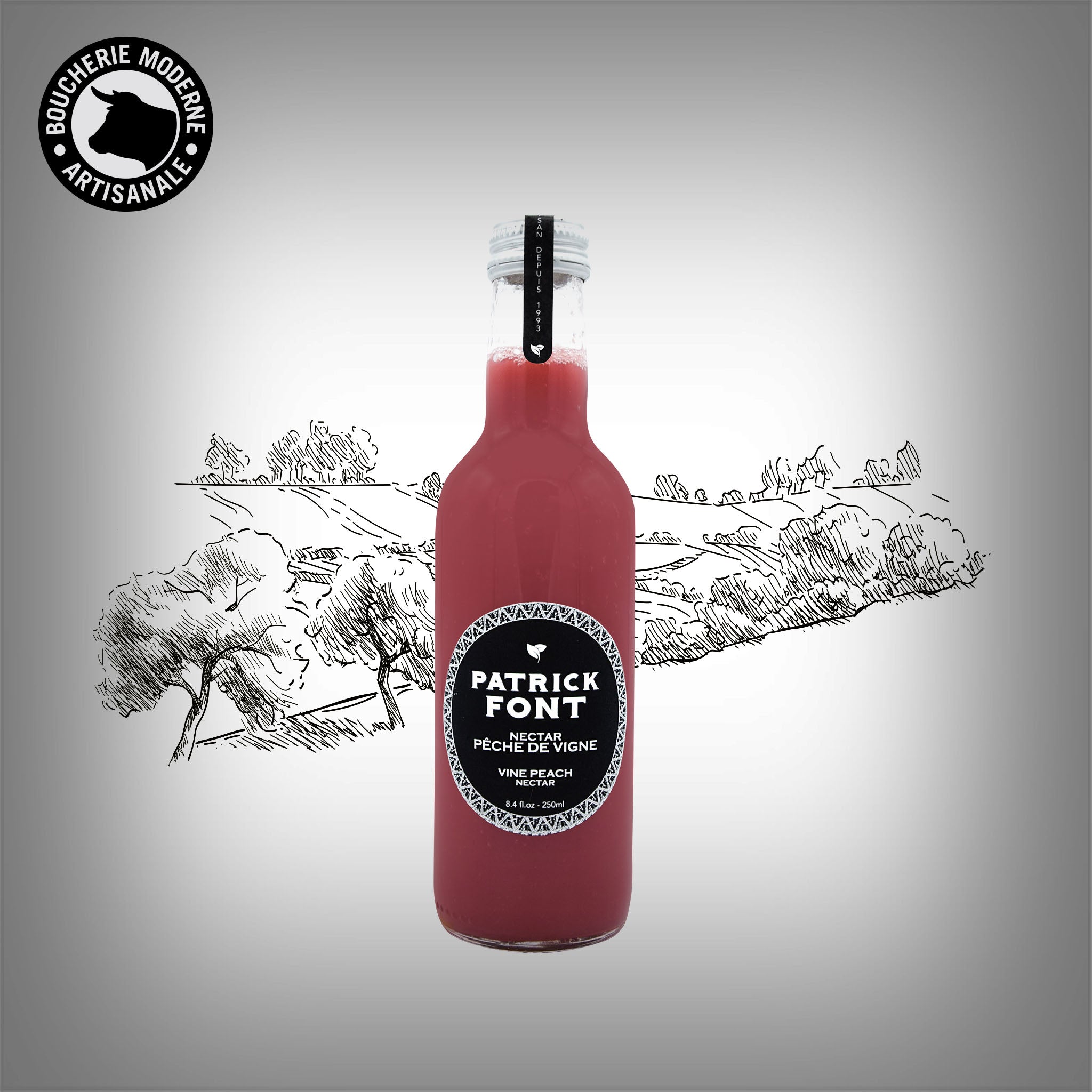 Jus de pêche de vigne velouté et intense, au goût authentique.