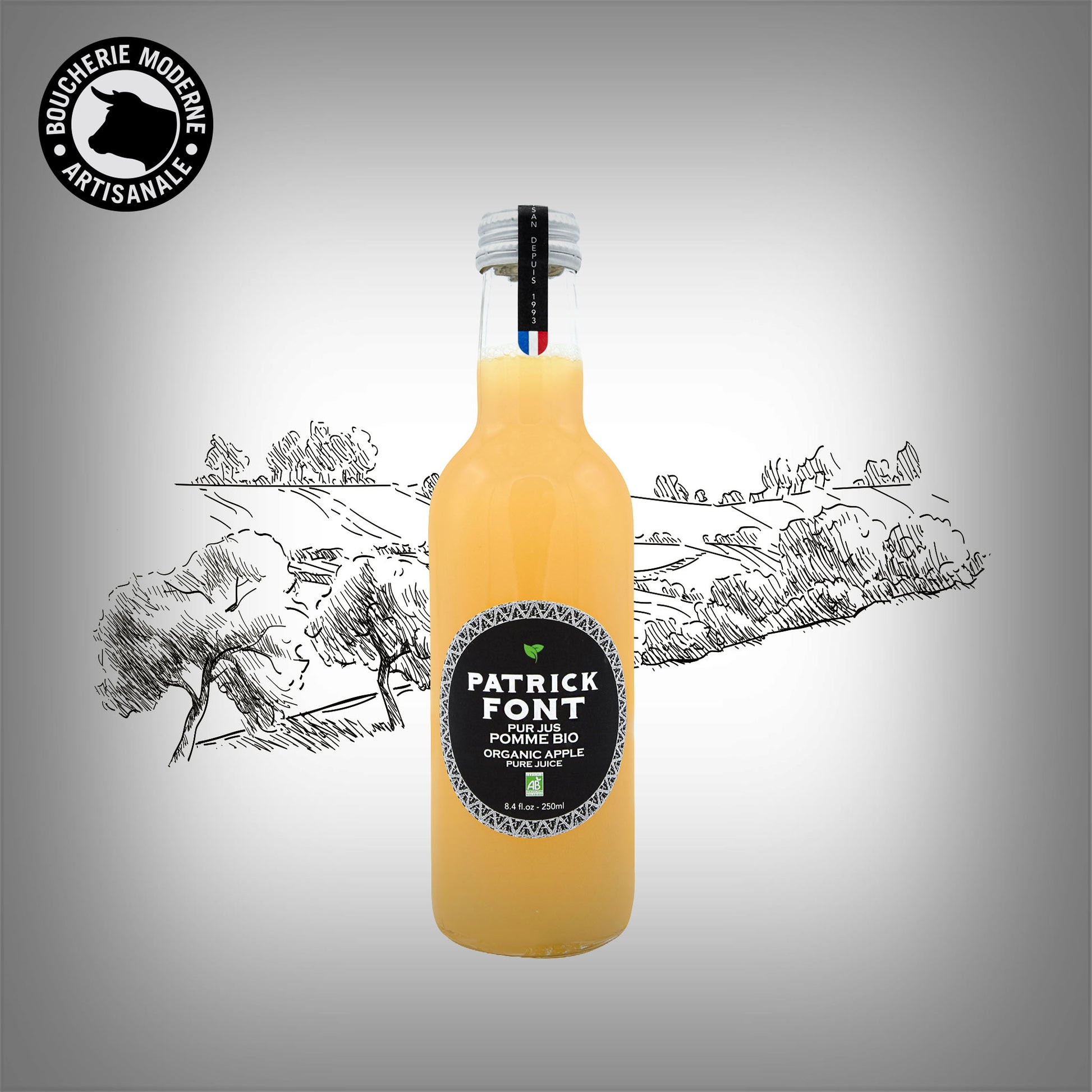 Jus de pomme brut bio, non filtré et naturellement sucré.