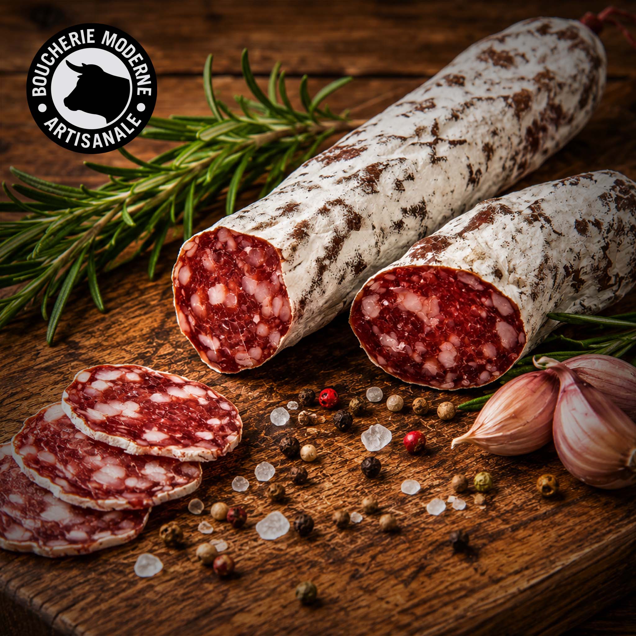 Saucisse sèche Teyssier, séchée lentement, au goût équilibré et à la texture fondante.