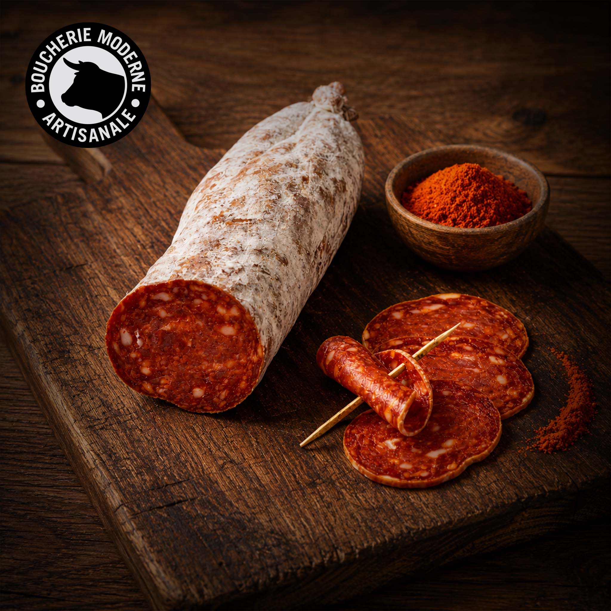 Saucisson au piment d’Espelette, subtil et équilibré, aux saveurs du Pays Basque.