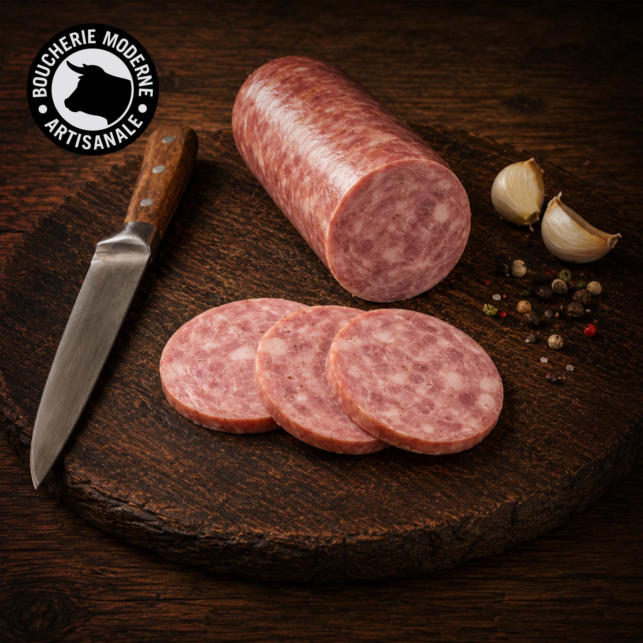 Saucisson à l’ail nature, savoureux et équilibré, tranché finement pour plus de plaisir.