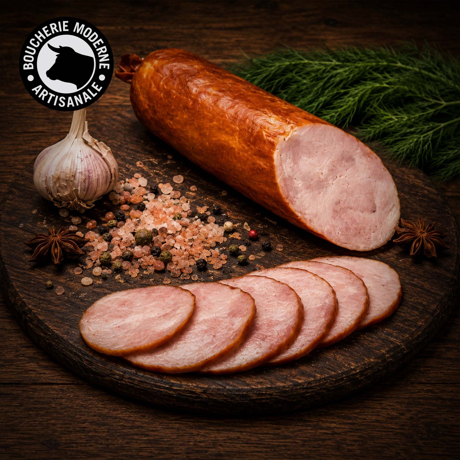 Saucisson fumé à l’ail tranché, au goût franc et à la texture moelleuse, prêt à déguster.