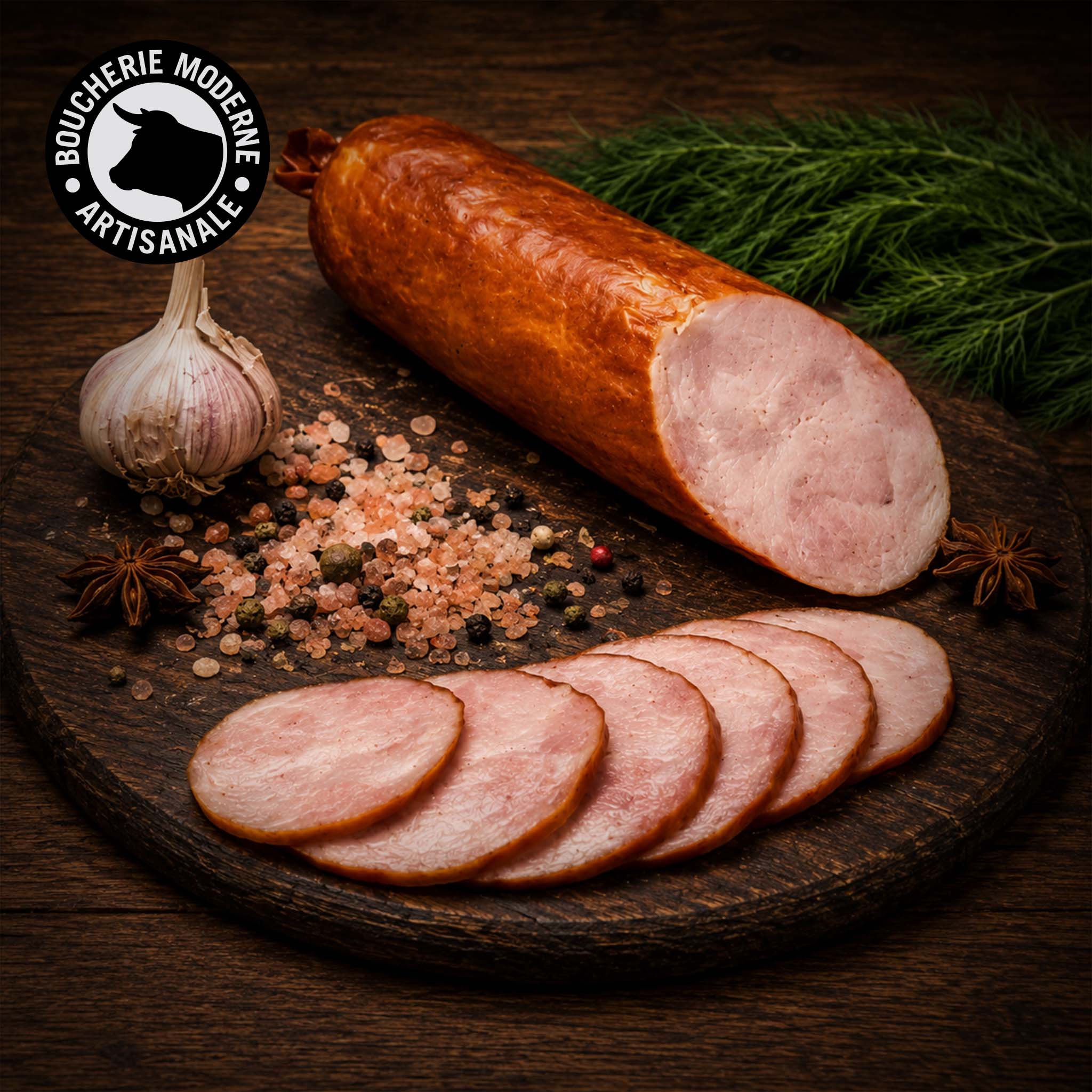 Saucisson fumé à l’ail tranché, au goût franc et à la texture moelleuse, prêt à déguster.