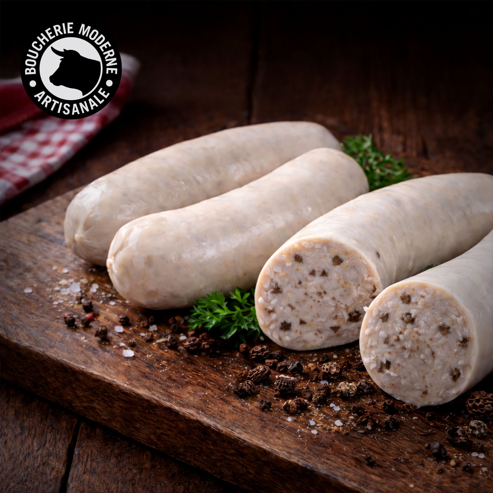Boudin blanc aux morilles, délicat et parfumé, parfait pour les repas gourmands et festifs.