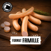 Saucisses de Francfort fines et fumées, prêtes à réchauffer pour vos repas familiaux.