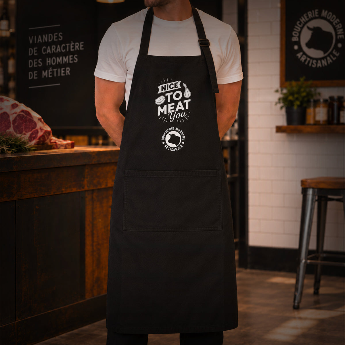 Tablier noir Boucherie Moderne « Nice To Meat You »