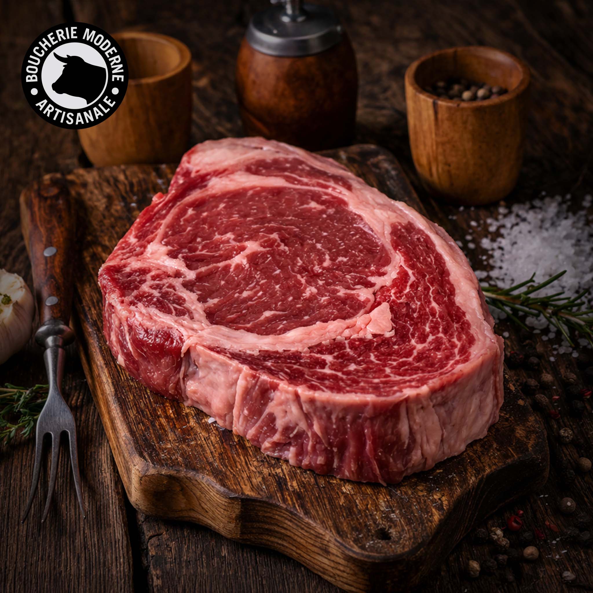 Entrecôte Simmental persillée et généreuse, idéale pour une cuisson au grill.