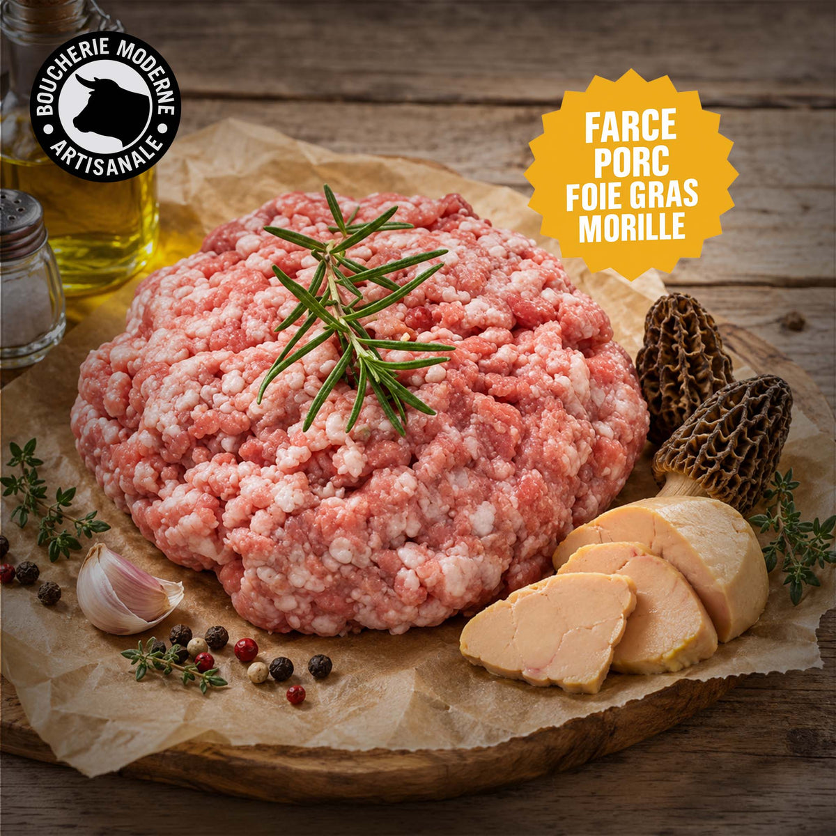 Une farce de porc généreuse au foie gras et aux morilles, idéale pour vos volailles et recettes de fête.