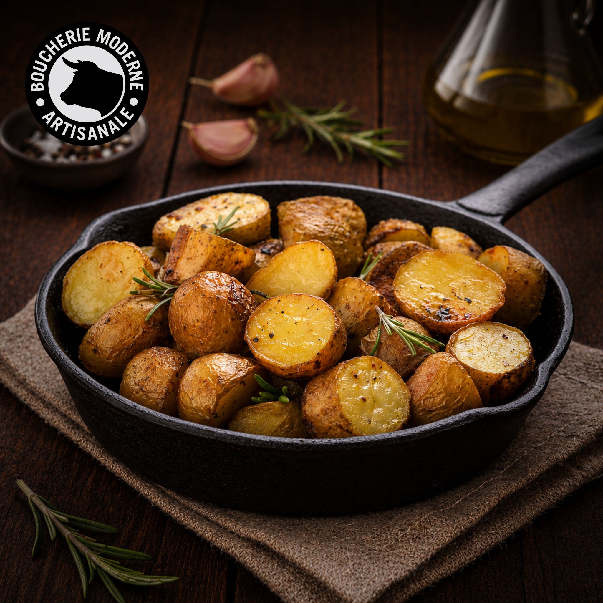 Pommes grenaille rôties à l’ail, fondantes et dorées.