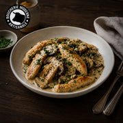 Poulet cuisiné aux cèpes, savoureux et généreux.