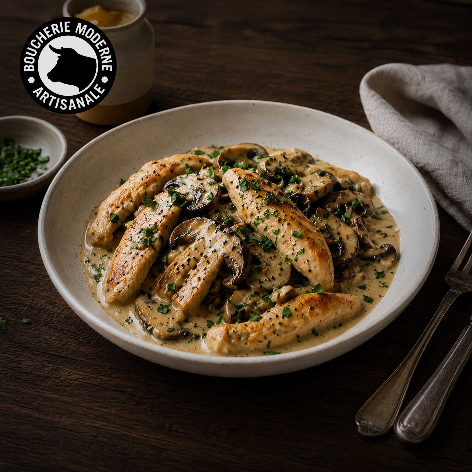 Poulet cuisiné aux cèpes, savoureux et généreux.