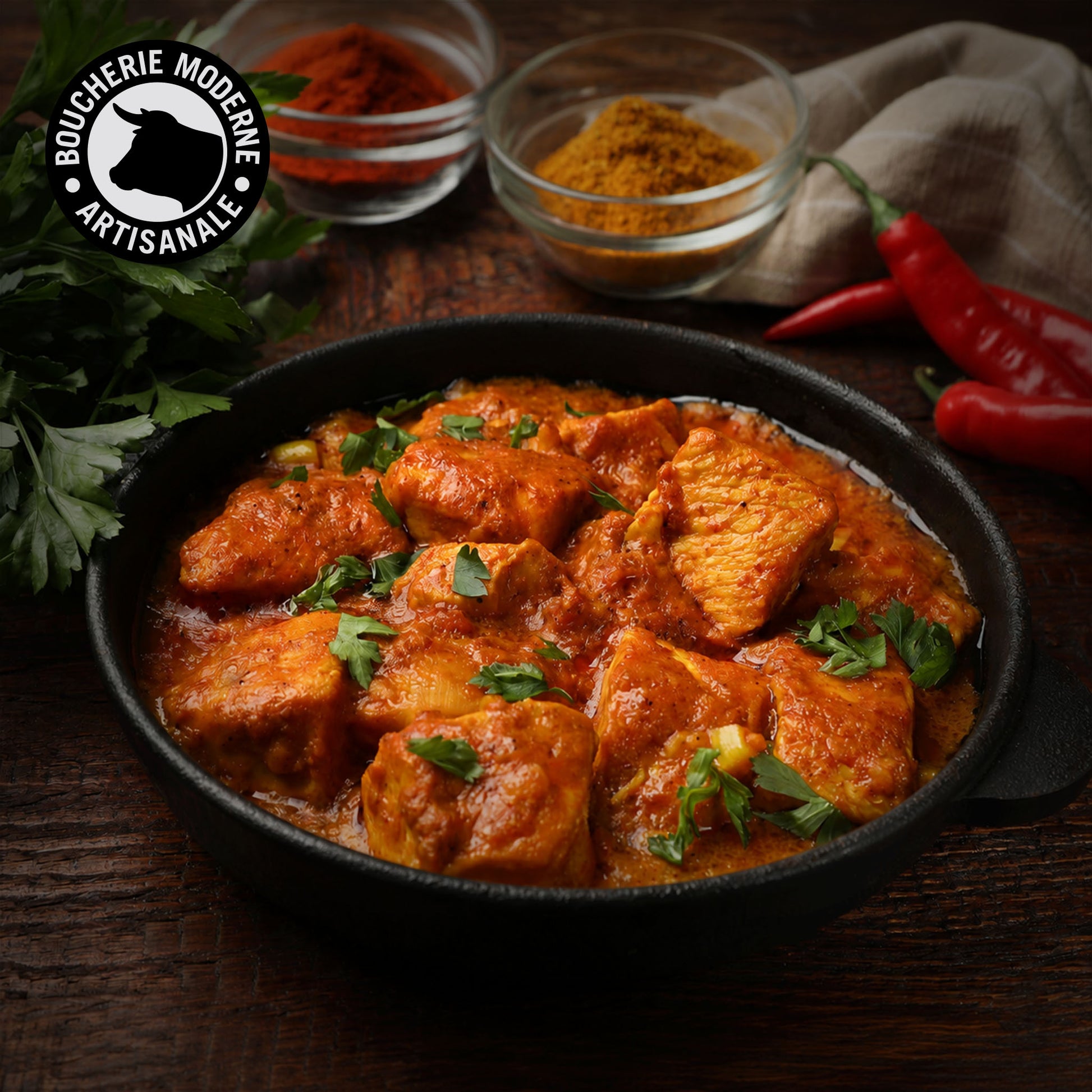 Morceaux de poulet marinés façon tikka, savoureux.