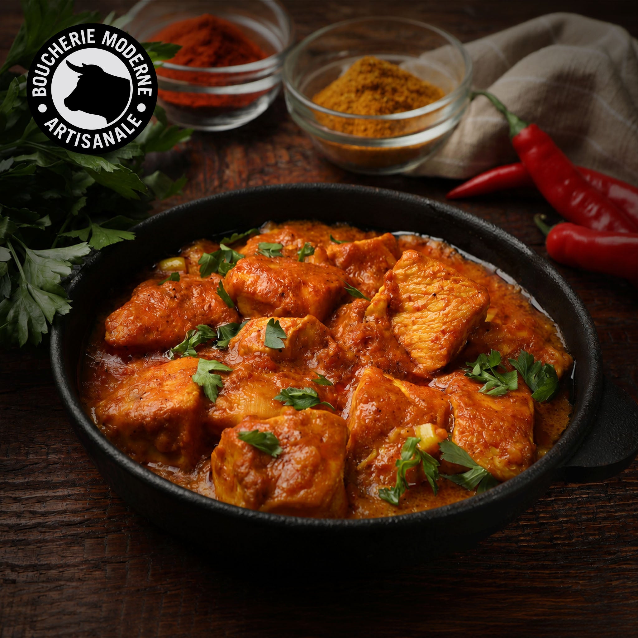 Morceaux de poulet marinés façon tikka, savoureux.