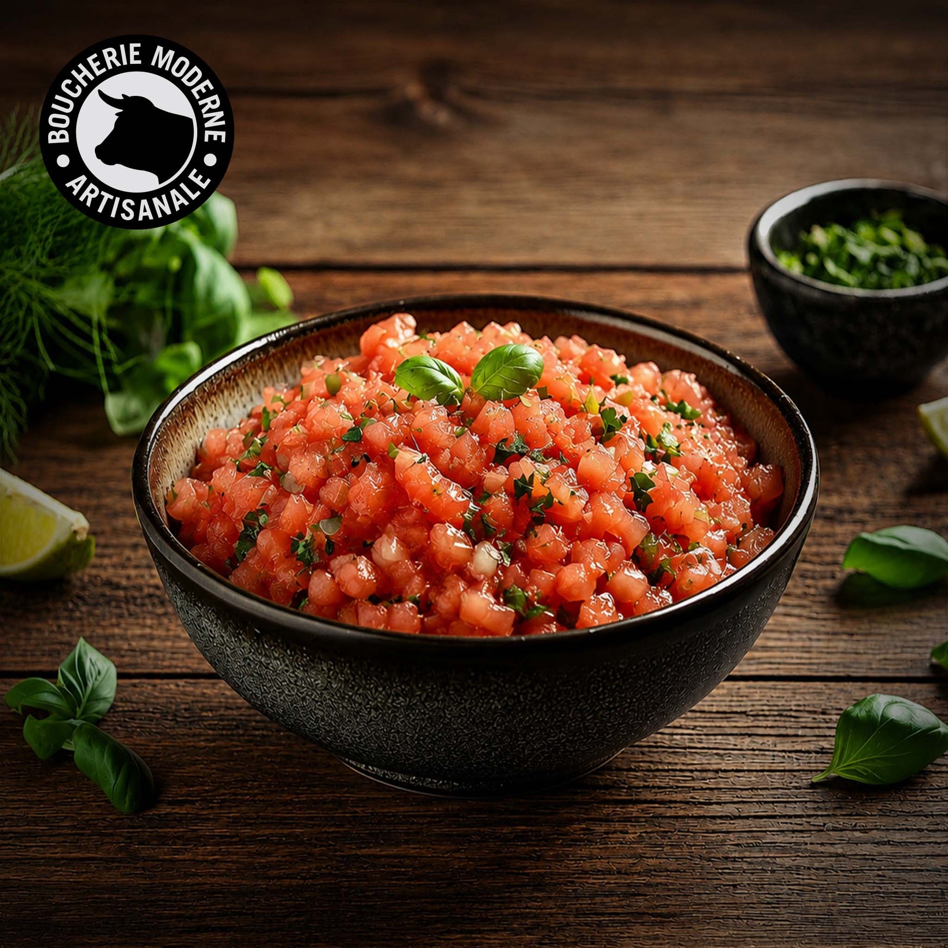 Tartare de tomate, frais et acidulé, relevé aux herbes.
