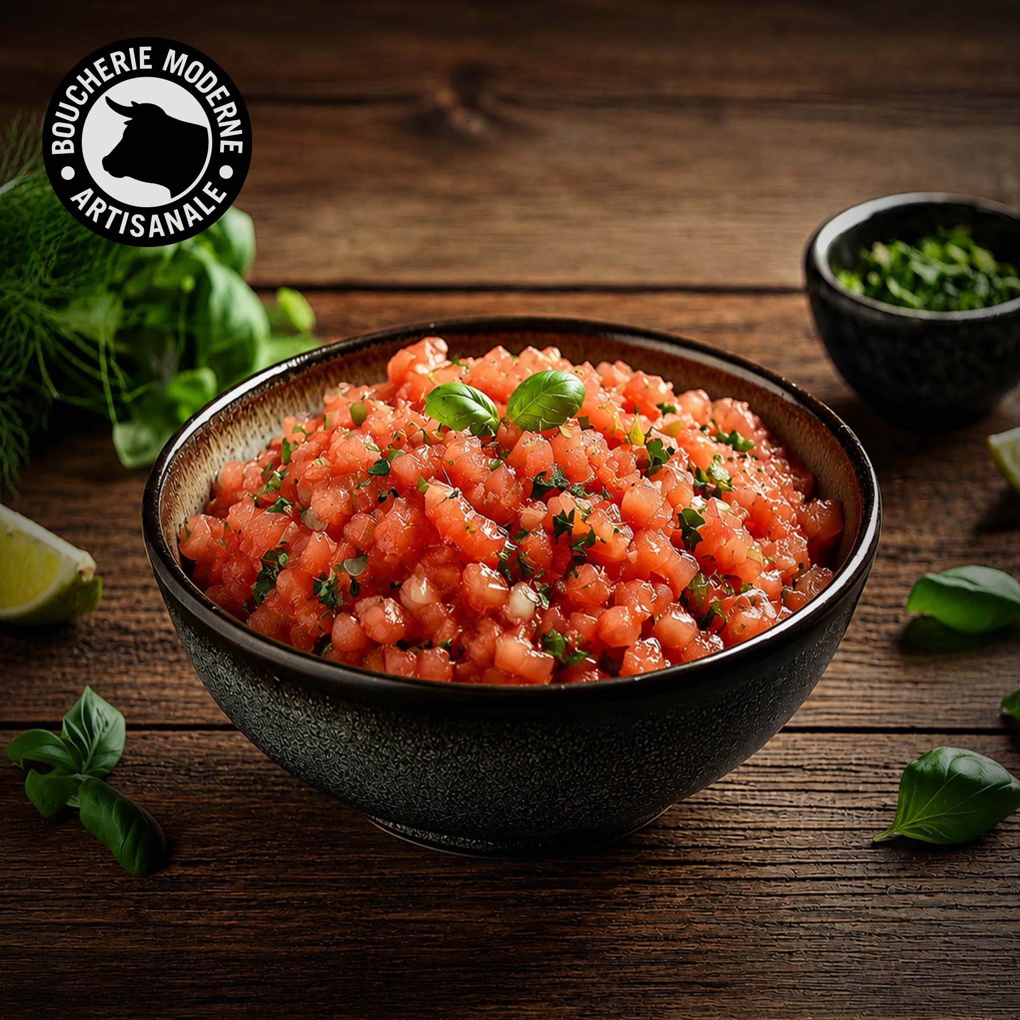 Tartare de tomate, frais et acidulé, relevé aux herbes.