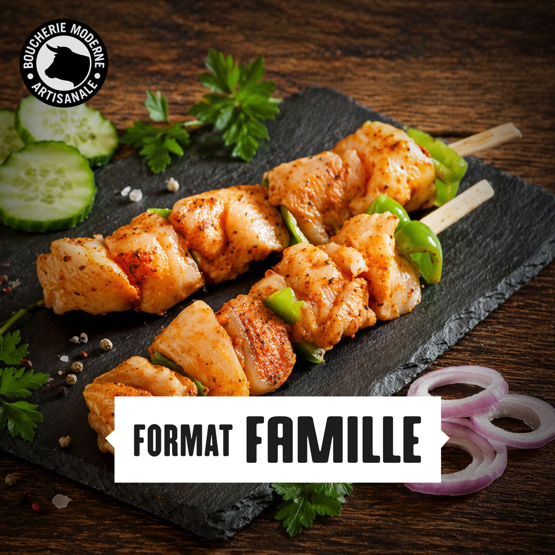 Brochettes de veau marinées format famille, tendres et savoureuses, prêtes à griller.