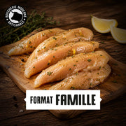 Aiguillettes de poulet marinées au thym et citron, fraîches et parfumées.