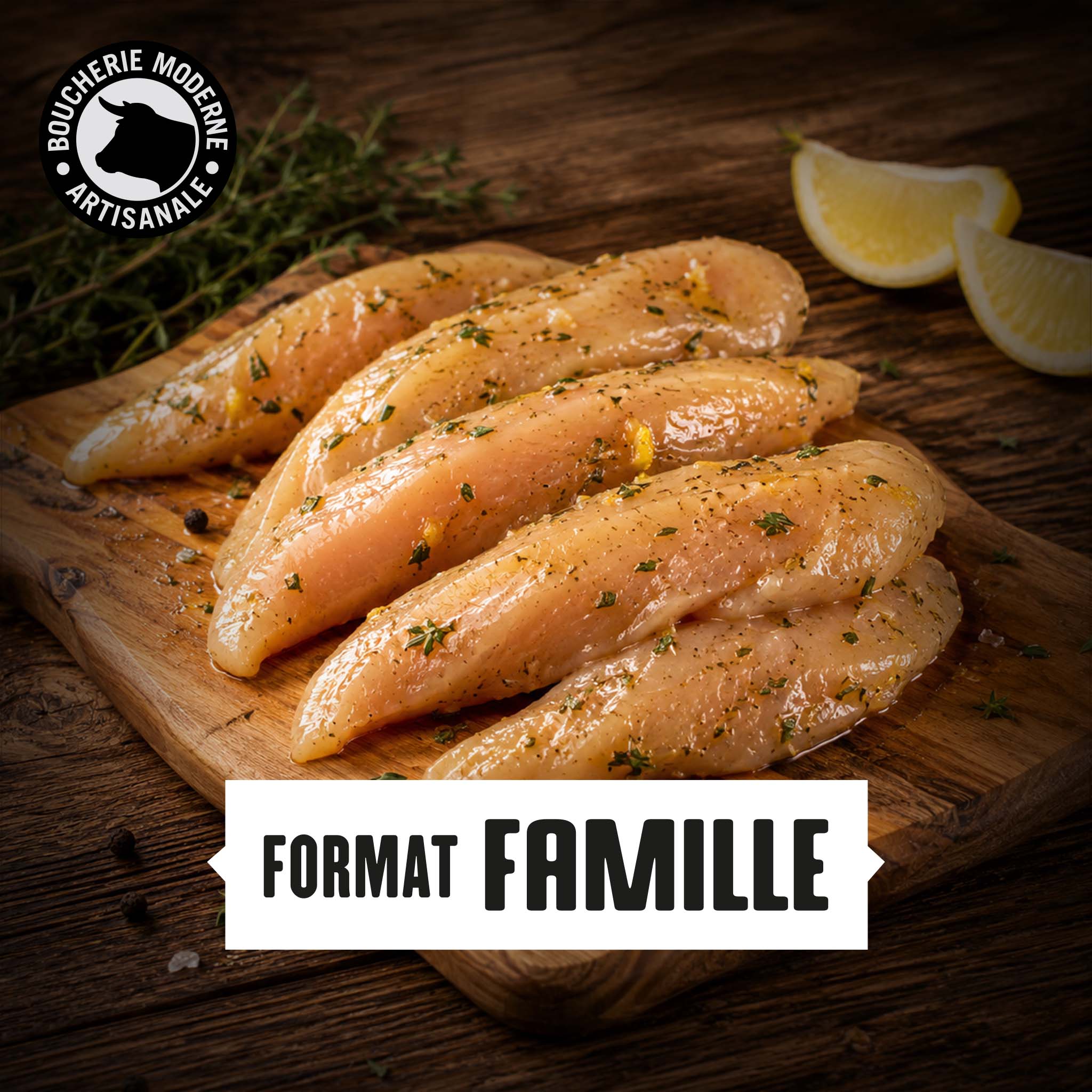 Aiguillettes de poulet marinées au thym et citron, fraîches et parfumées.