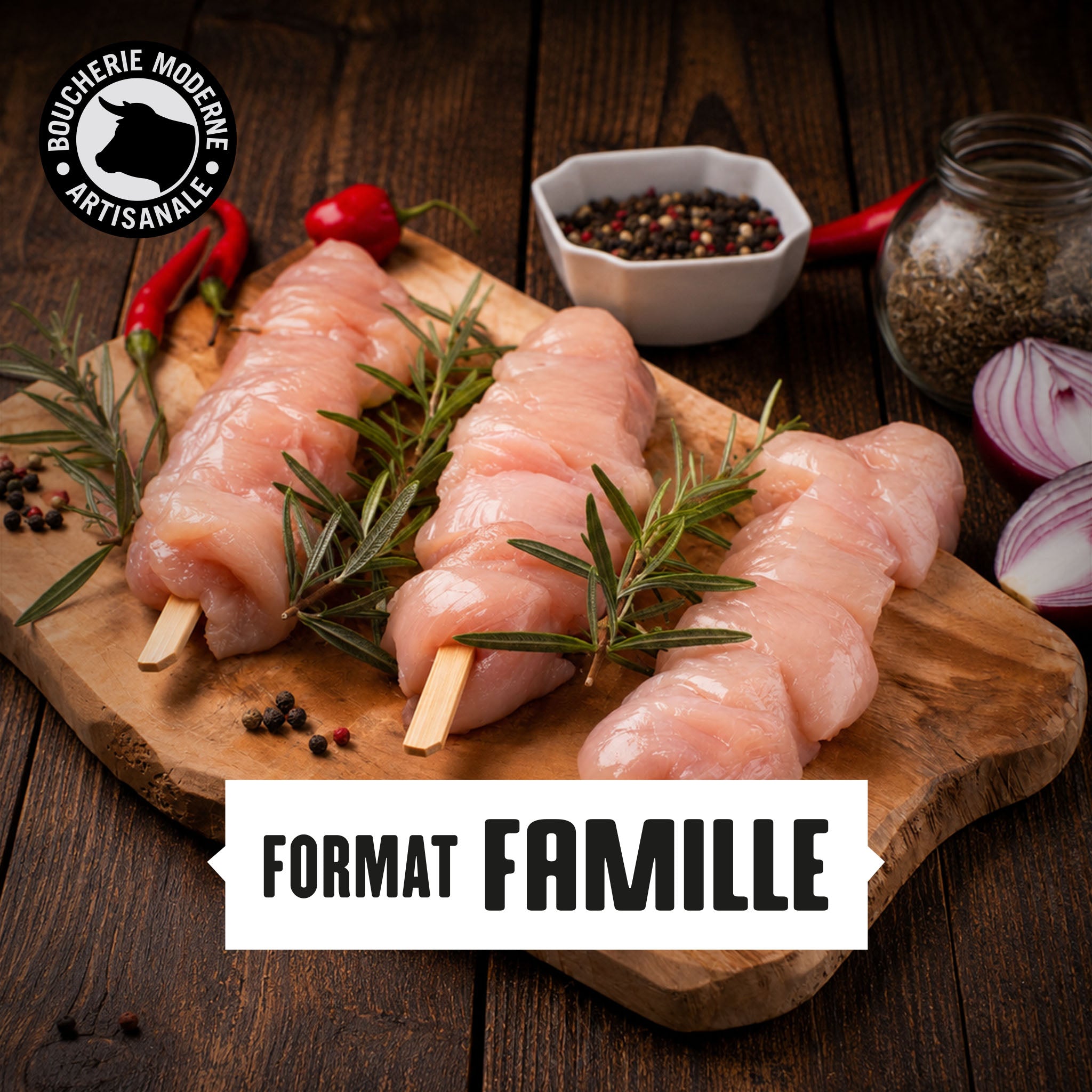 Brochettes de poulet nature, simples et savoureuses, prêtes à griller.