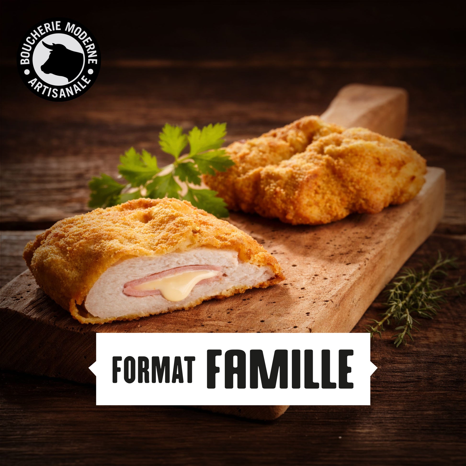 Cordons bleus maison, croustillants et fondants, garnis de jambon et fromage fondant.