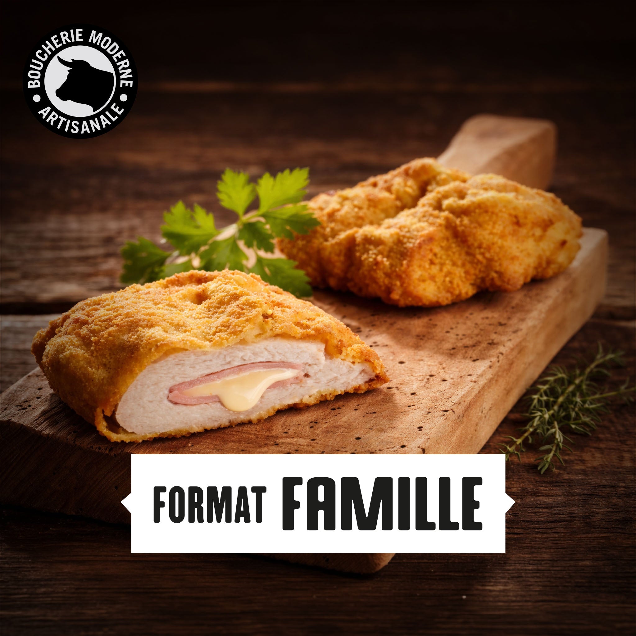 Cordons bleus maison, croustillants et fondants, garnis de jambon et fromage fondant.