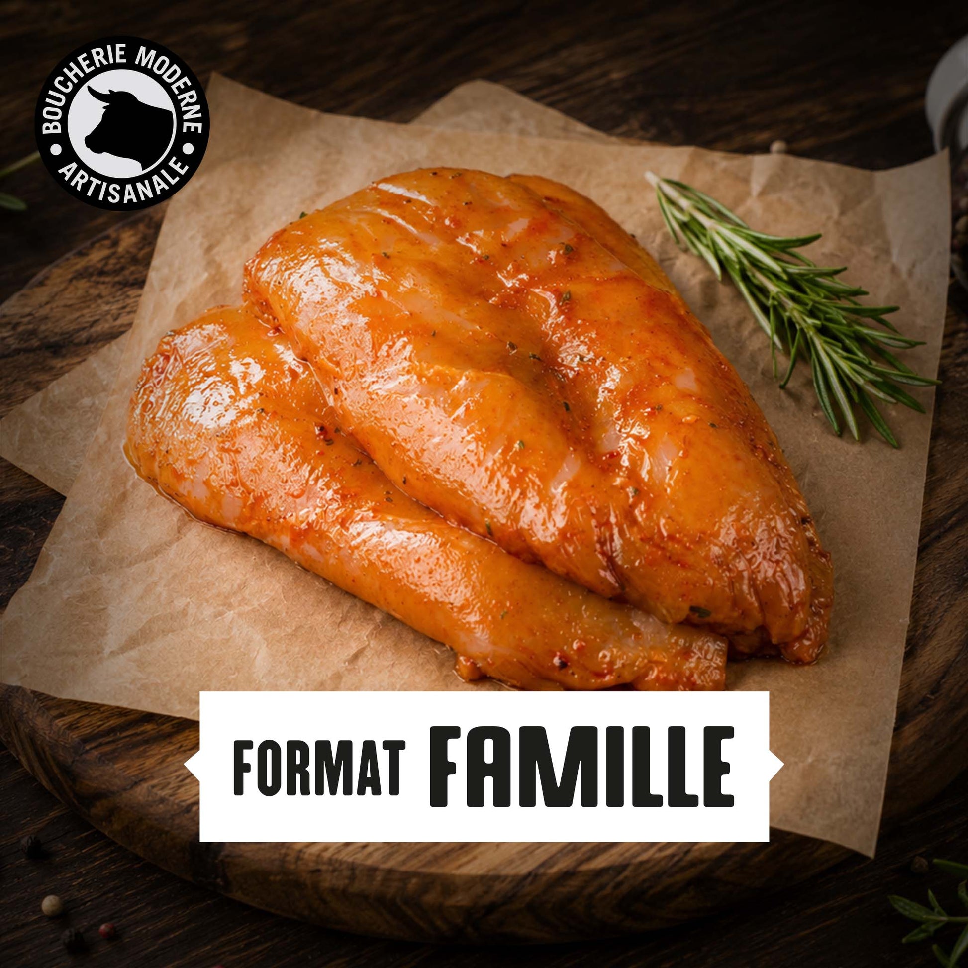 Filets de poulet marinés au Massala, format famille,  exotiques et parfumés, prêts à cuire.