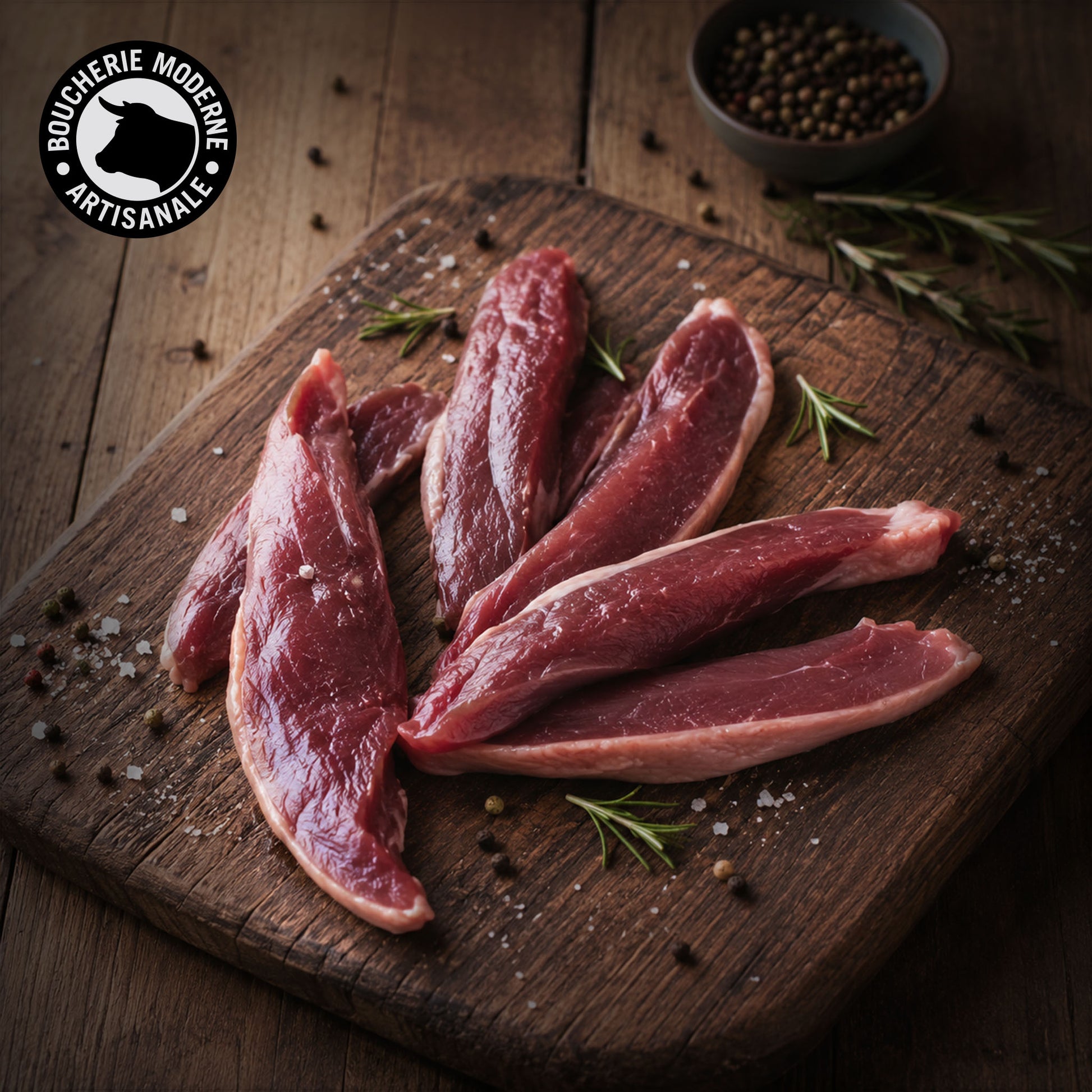 Aiguillettes de magret de canard, tendres et raffinées, parfaites pour une cuisson rapide.