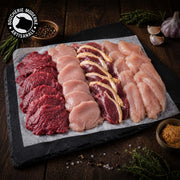 Sélection mixte de viandes fines pour pierrade, conviviale et savoureuse.